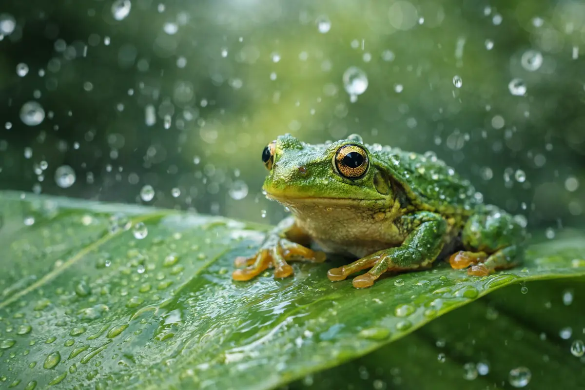 Rana verde su foglia bagnata